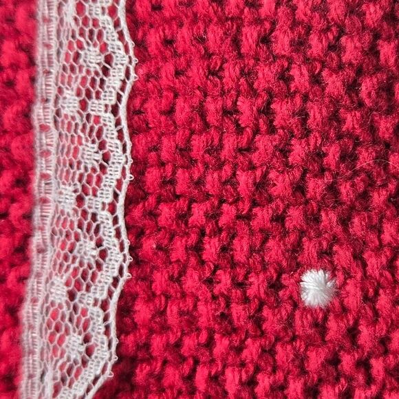 Tahari Baby Red Crochet Knitted Dress Lace Trim Beanie Hat Velvet Bow Infant Cap - Picture 10 of 10